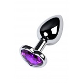 Серебристая коническая анальная пробка с фиолетовым кристаллом-сердечком - 7 см. - ToyFa - купить с доставкой в Краснодаре