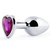 Серебристая анальная пробка с фиолетовым кристаллом-сердечком - 8 см. - Anal Jewelry Plug - купить с доставкой в Краснодаре