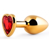 Золотистая анальная пробка с красным стразом-сердечком - 8 см. - Anal Jewelry Plug - купить с доставкой в Краснодаре