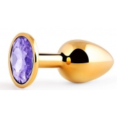 Золотистая анальная пробка с фиолетовым стразом - 7,2 см. - Anal Jewelry Plug - купить с доставкой в Краснодаре