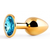 Золотистая анальная пробка с голубым стразом - 7,2 см. - Anal Jewelry Plug - купить с доставкой в Краснодаре