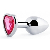 Серебристая анальная пробка с розовым кристаллом-сердечком - 7 см. - Anal Jewelry Plug - купить с доставкой в Краснодаре