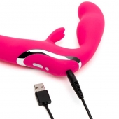 Ярко-розовый безремневой страпон Rechargeable Vibrating Strapless Strap-On - Happy Rabbit - купить с доставкой в Краснодаре