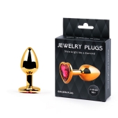 Золотистая анальная пробка с малиновым кристаллом-сердечком - 7 см. - Anal Jewelry Plug - купить с доставкой в Краснодаре