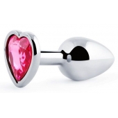 Серебристая анальная пробка с малиновым кристаллом-сердечком - 7 см. - Anal Jewelry Plug - купить с доставкой в Краснодаре