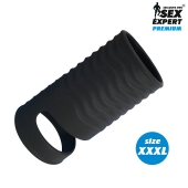 Черная открытая насадка на пенис с кольцом для мошонки XXXL-size - 9,9 см. - Sex Expert - в Краснодаре купить с доставкой