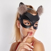Черная кожаная маска  Кошечка  с мехом - Sitabella - купить с доставкой в Краснодаре