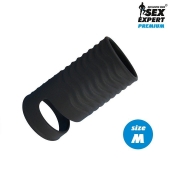 Черная открытая насадка на пенис с кольцом для мошонки size M - 7,9 см. - Sex Expert - в Краснодаре купить с доставкой