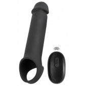Черная вибронасадка для пениса с хомутом для мошонки и пультом ДУ Remote Controlled Penis Extension - Orion - в Краснодаре купить с доставкой