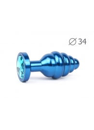 Коническая ребристая синяя анальная втулка с голубым кристаллом - 8 см. - Anal Jewelry Plug - купить с доставкой в Краснодаре