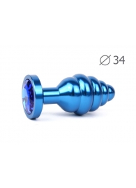 Коническая ребристая синяя анальная втулка с синим кристаллом - 8 см. - Anal Jewelry Plug - купить с доставкой в Краснодаре