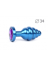 Коническая ребристая синяя анальная втулка с кристаллом фиолетового цвета - 8 см. - Anal Jewelry Plug - купить с доставкой в Краснодаре