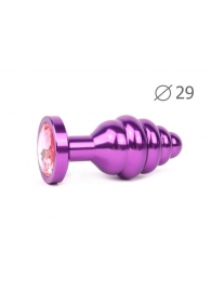 Коническая ребристая фиолетовая анальная втулка с розовым кристаллом - 7,1 см. - Anal Jewelry Plug - купить с доставкой в Краснодаре