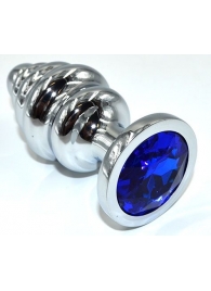 Серебристая анальная пробка из нержавеющей стали с синим кристаллом - 8,8 см. - Kanikule - купить с доставкой в Краснодаре