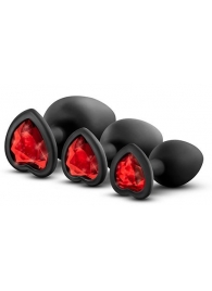 Набор черных анальных пробок с красным кристаллом-сердечком Bling Plugs Training Kit - Blush Novelties - купить с доставкой в Краснодаре