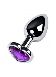 Серебристая коническая анальная пробка с фиолетовым кристаллом-сердечком - 7 см. - ToyFa - купить с доставкой в Краснодаре