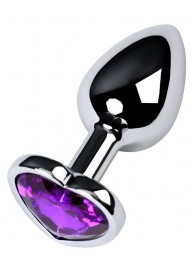 Серебристая коническая анальная пробка с фиолетовым кристаллом-сердечком - 7 см. - ToyFa - купить с доставкой в Краснодаре