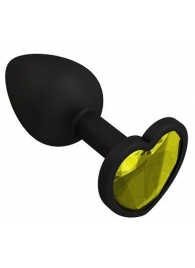 Черная силиконовая пробка с желтым кристаллом-сердцем - 8,5 см. - Джага-Джага - купить с доставкой в Краснодаре