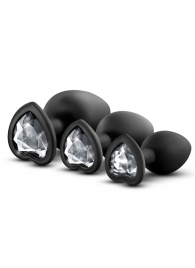 Набор из 3 черных пробок с прозрачным кристаллом-сердечком Bling Plugs Training Kit - Blush Novelties - купить с доставкой в Краснодаре