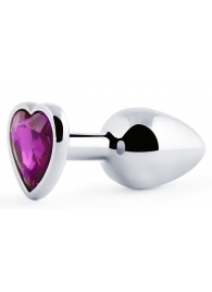 Серебристая анальная пробка с фиолетовым кристаллом-сердечком - 8 см. - Anal Jewelry Plug - купить с доставкой в Краснодаре