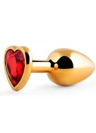 Золотистая анальная пробка с красным стразом-сердечком - 8 см. - Anal Jewelry Plug - купить с доставкой в Краснодаре