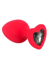 Красная силиконовая анальная пробка с черным стразом-сердечком - 7,9 см. - Orion - купить с доставкой в Краснодаре