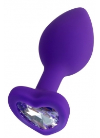 Фиолетовая анальная втулка с прозрачным стразом-сердечком - 7 см. - Штучки-дрючки - купить с доставкой в Краснодаре