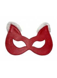 Красная маска из натуральной кожи с белым мехом на ушках - БДСМ Арсенал - купить с доставкой в Краснодаре