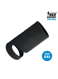Черная открытая насадка на пенис с кольцом для мошонки XXL-size - 9,4 см. - Sex Expert - в Краснодаре купить с доставкой