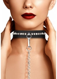 Черный ошейник с поводком Diamond Studded Collar With Leash - Shots Media BV - купить с доставкой в Краснодаре