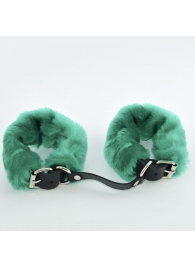 Черные кожаные наручники со съемной зеленой опушкой - Sitabella - купить с доставкой в Краснодаре