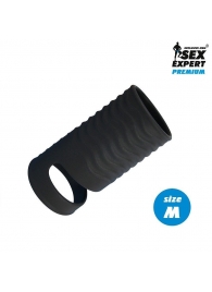 Черная открытая насадка на пенис с кольцом для мошонки size M - 7,9 см. - Sex Expert - в Краснодаре купить с доставкой