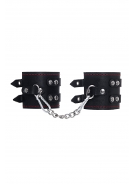 Черные кожаные наручники с двумя ремнями и контрастной строчкой - Pecado - купить с доставкой в Краснодаре