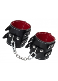 Черные кожаные наручники с двумя ремнями и красной подкладкой - Pecado - купить с доставкой в Краснодаре