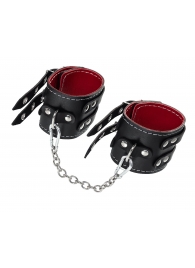 Черные кожаные оковы с двумя ремнями и красной подкладкой - Pecado - купить с доставкой в Краснодаре