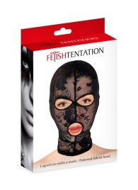Черная кружевная маска на голову с отверстиями для глаз и рта - Fetish Tentation - купить с доставкой в Краснодаре