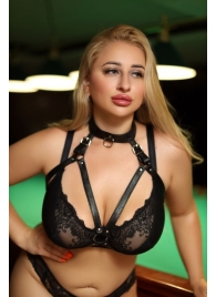 Черная кожаная сбруя с ошейником plus size из нежной кожи - БДСМ Арсенал - купить с доставкой в Краснодаре