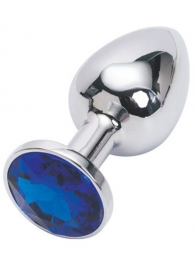 Серебряная металлическая анальная пробка с синим стразиком - 7,6 см. - 4sexdreaM - купить с доставкой в Краснодаре