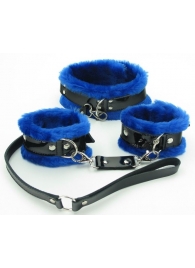 Набор из наручников и ошейника с синим мехом BDSM Light - БДСМ Арсенал - купить с доставкой в Краснодаре
