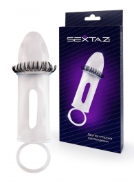 Закрытая насадка на пенис с подхватом мошонки и стимулирующими «ресничками» - Sextaz - в Краснодаре купить с доставкой