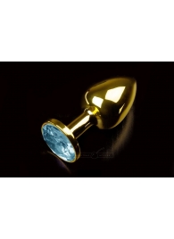 Маленькая золотистая анальная пробка с круглым кончиком и голубым кристаллом - 7 см. - Пикантные штучки - купить с доставкой в Краснодаре