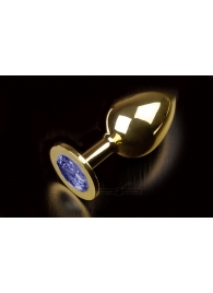 Большая золотая анальная пробка с закругленным кончиком и синим кристаллом - 9 см. - Пикантные штучки - купить с доставкой в Краснодаре