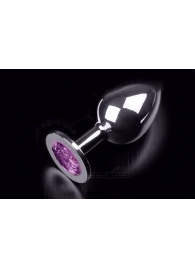 Большая серебристая анальная пробка с круглым кончиком и ярким фиолетовым кристаллом - 9 см. - Пикантные штучки - купить с доставкой в Краснодаре