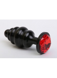 Чёрная ребристая анальная пробка с красным кристаллом - 7,3 см. - 4sexdreaM - купить с доставкой в Краснодаре