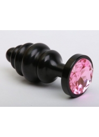 Чёрная ребристая анальная пробка с розовым кристаллом - 7,3 см. - 4sexdreaM - купить с доставкой в Краснодаре