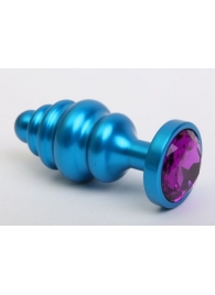 Синяя ребристая анальная пробка с фиолетовым кристаллом - 7,3 см. - 4sexdreaM - купить с доставкой в Краснодаре