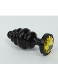 Чёрная ребристая анальная пробка с жёлтым кристаллом - 7,3 см. - 4sexdreaM - купить с доставкой в Краснодаре