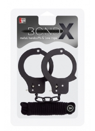 Чёрные наручники из листового металла в комплекте с веревкой BONDX METAL CUFFS LOVE ROPE SET - Dream Toys - купить с доставкой в Краснодаре