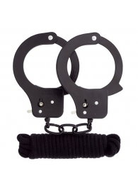 Чёрные наручники из листового металла в комплекте с веревкой BONDX METAL CUFFS LOVE ROPE SET - Dream Toys - купить с доставкой в Краснодаре