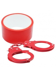Набор для фиксации BONDX METAL CUFFS AND RIBBON: красные наручники из листового материала и липкая лента - Dream Toys - купить с доставкой в Краснодаре